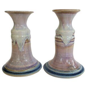 Mariposa Pottery Candle Holders Hand Thrown Drip Glaze Mauve & Blue 5.75" T